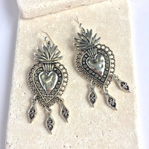 Silver Sacred heart w/ 3 dangles Earrings